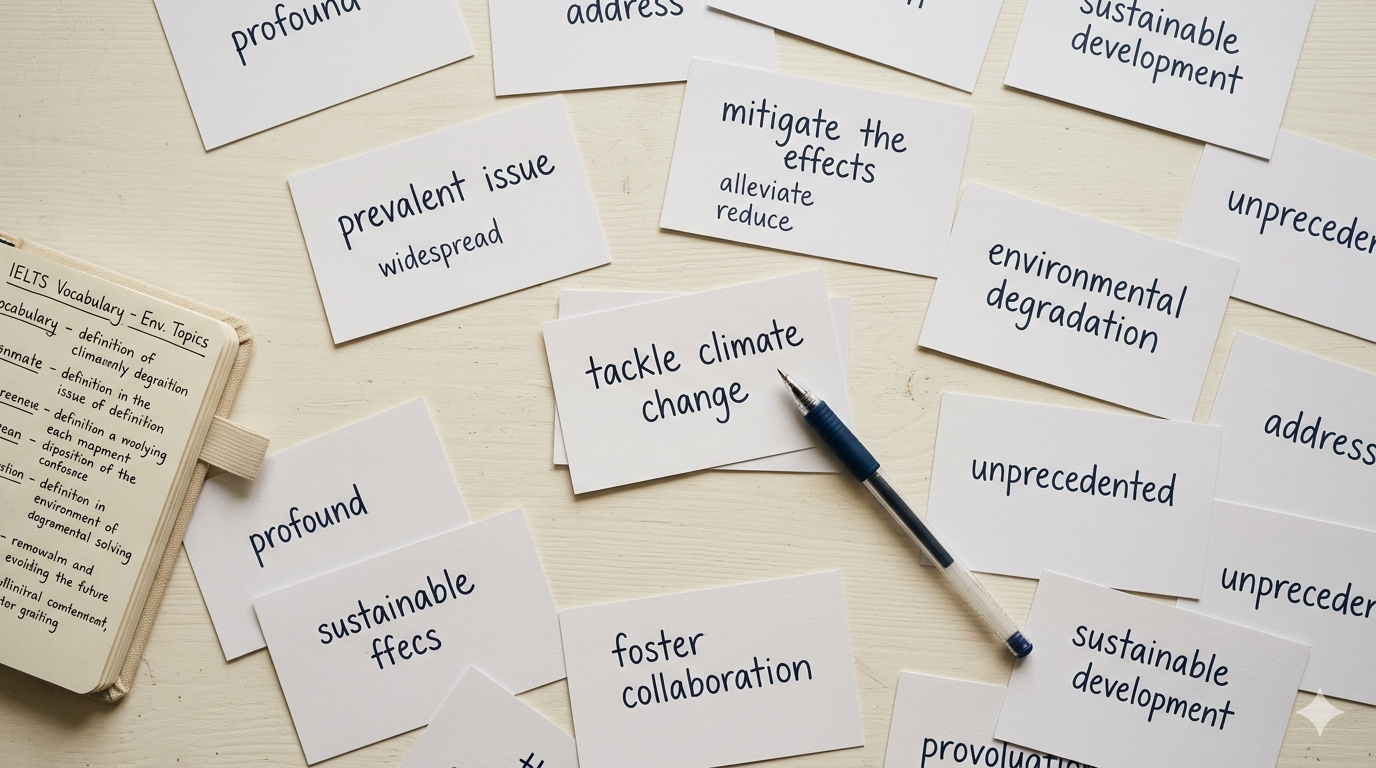 IELTS vocabulary flashcards laid out on a desk — free IELTS study method using spaced repetition